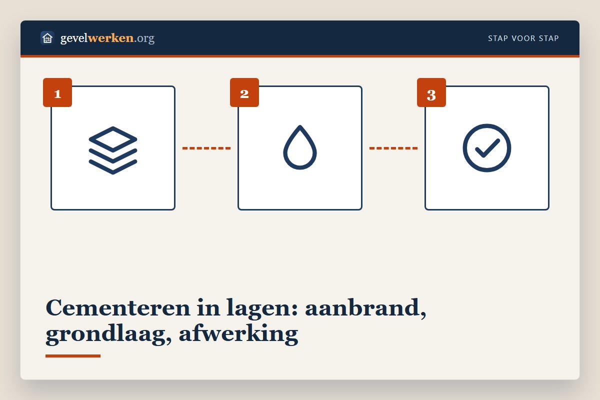 Gevel cementeren in lagen: hechtlaag op de baksteen en afwerklaag van cement en zilverzand
