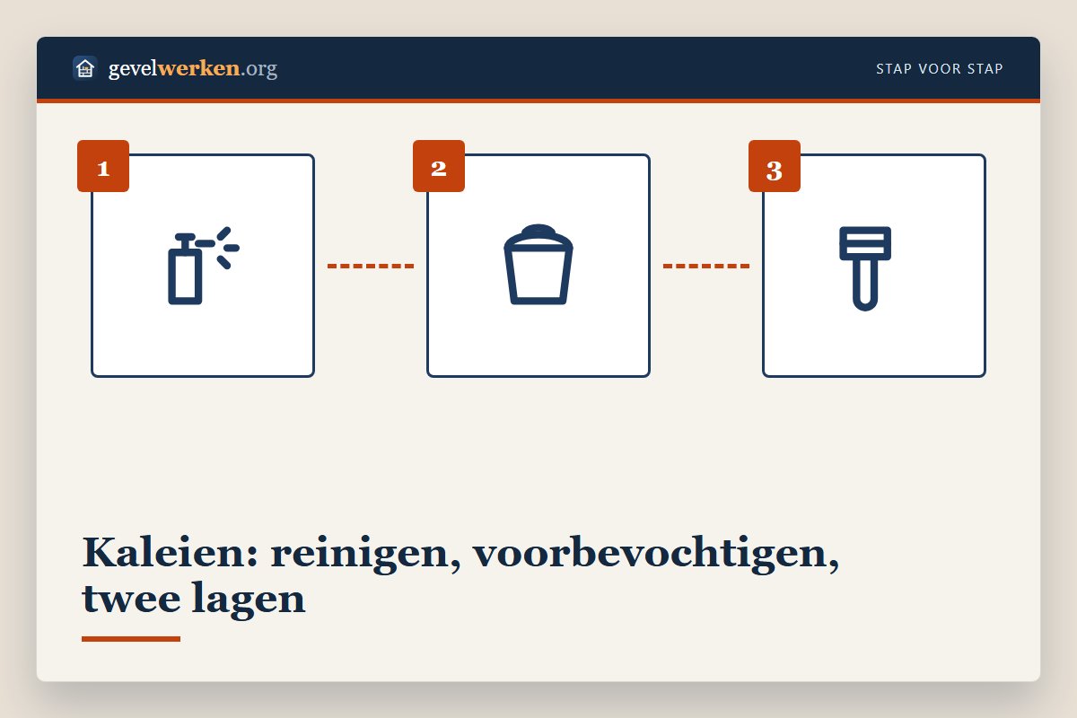 Kaleien aanbrengen in lagen: blokkwast brengt twee dunne lagen kalei aan op een bakstenen gevel