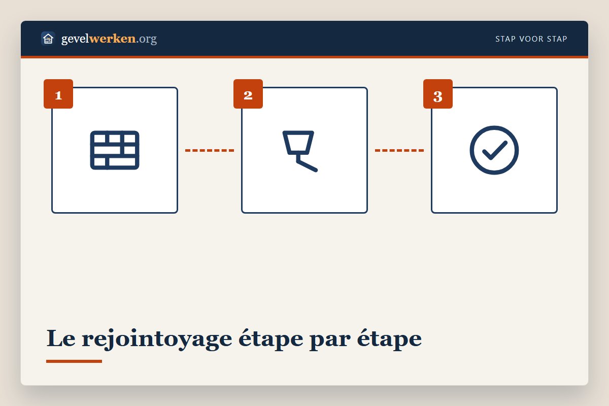 Rejointoyage en étapes : déjointoyage sur 15 à 20 mm, nettoyage des joints et pose du mortier de jointoiement