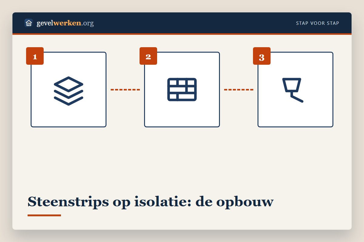 Steenstrips op isolatie: opbouw in lagen met isolatieplaat, pluggen, wapening, lijmbed en gevoegde kleistrips