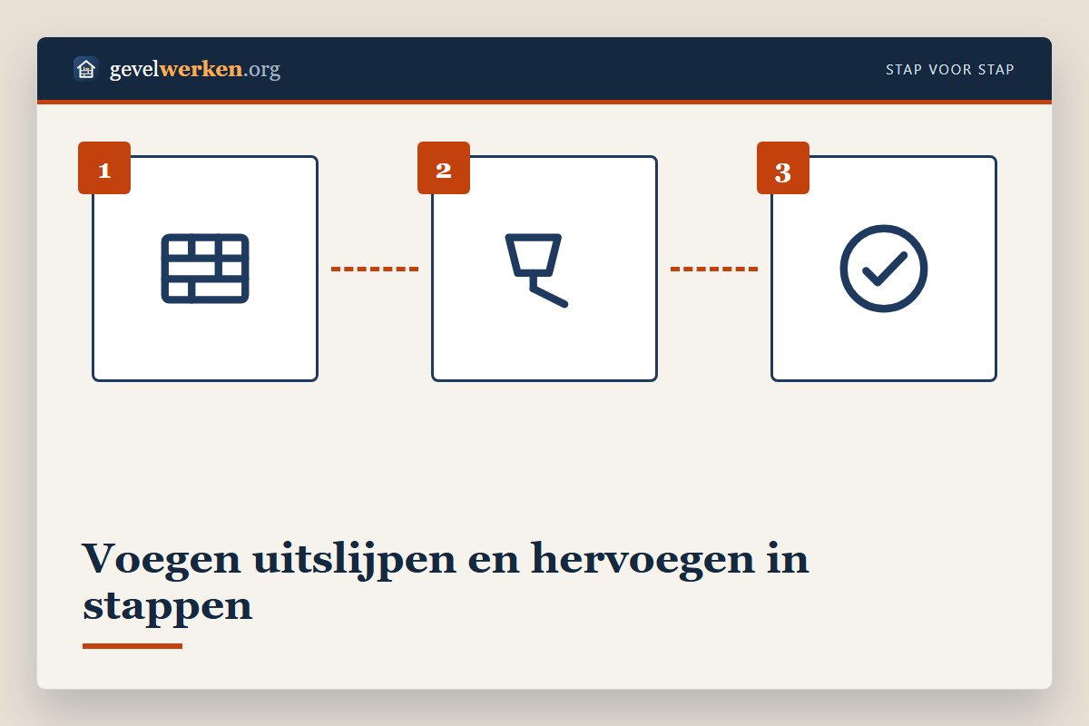 Voegen uitslijpen en hervoegen in stappen: oude voeg 15 tot 20 mm diep uitslijpen, reinigen en opvoegen